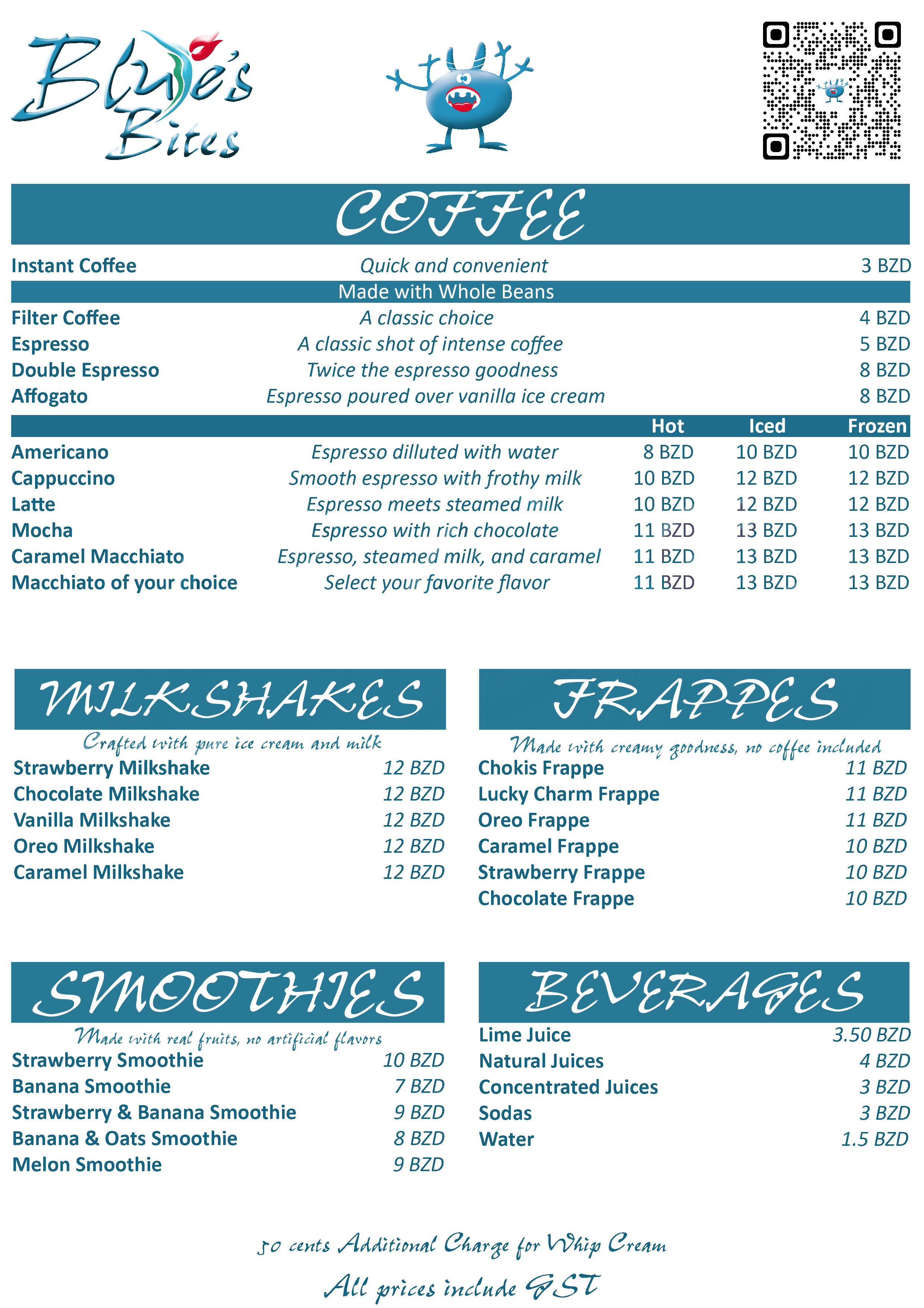 Blue's Bites Menu Page 1